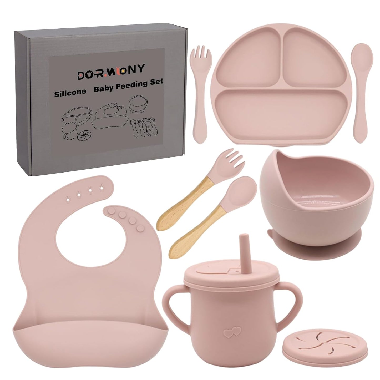 100% Silicone Baby Feeding Set, BPA Free Baby Dishes with Suction Bowl, Divided Plate, Toddler Self Feeding Dish Set with Spoons, Forks, Sippy Cup and Bib, Baby Eating Utensils (Navy Blue)