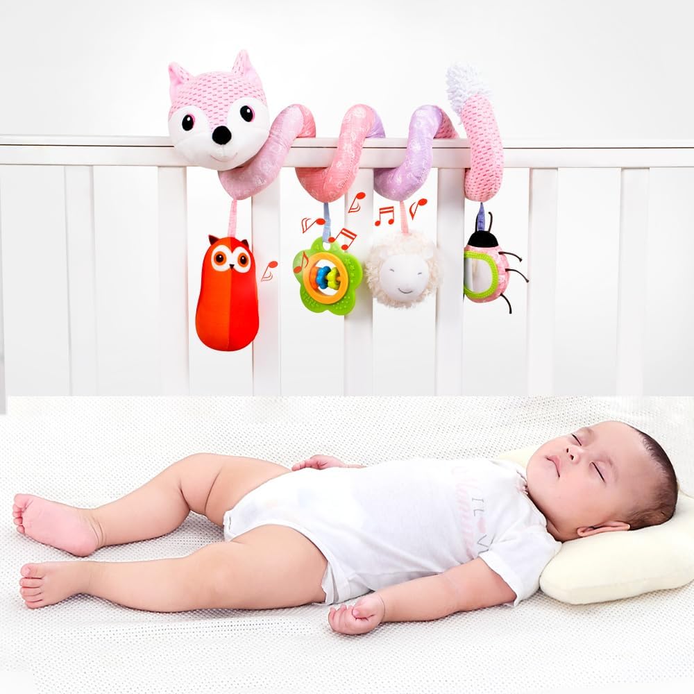 Koty Car Seat Toys, Infant Baby Spiral Plush Activity Hanging Toy for Stroller Bar Pram Crib with Music Box BB Squeaker & Rattles(Black Fox)