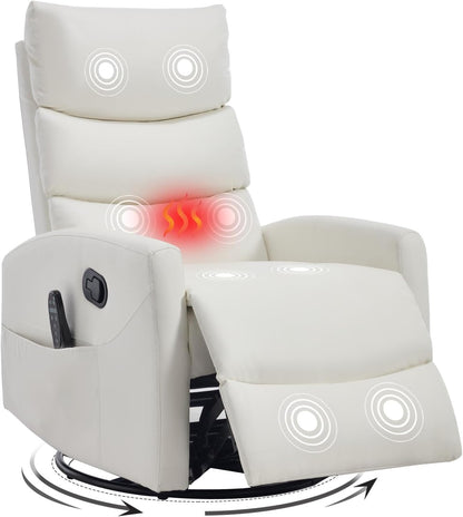 Trustyue Swivel Rocker Recliner Chair, 360° Swivel Recliner with Heat and Massage, Rocker Recliner Nursery Glider Chair with Side Pockets for Living Room (Beige, Fabric)