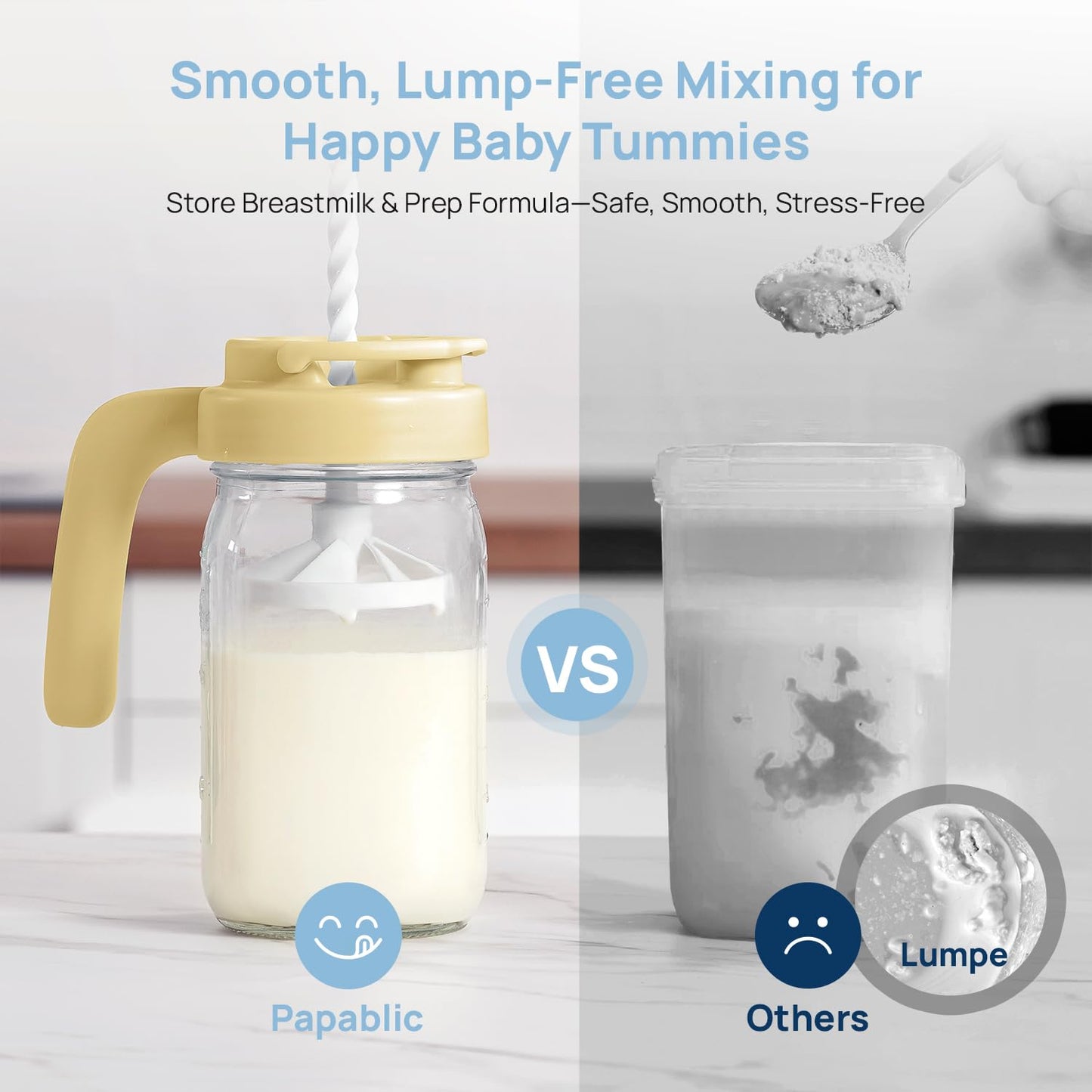 Papablic Breast Milk Pitcher, Glass Formula Mixer with Easy-Blend Handle Lid, Leakproof Breastmilk Fridge Storage Container, Wide Mouth, BPA-Free, Baby Feeding Pitcher, Blue