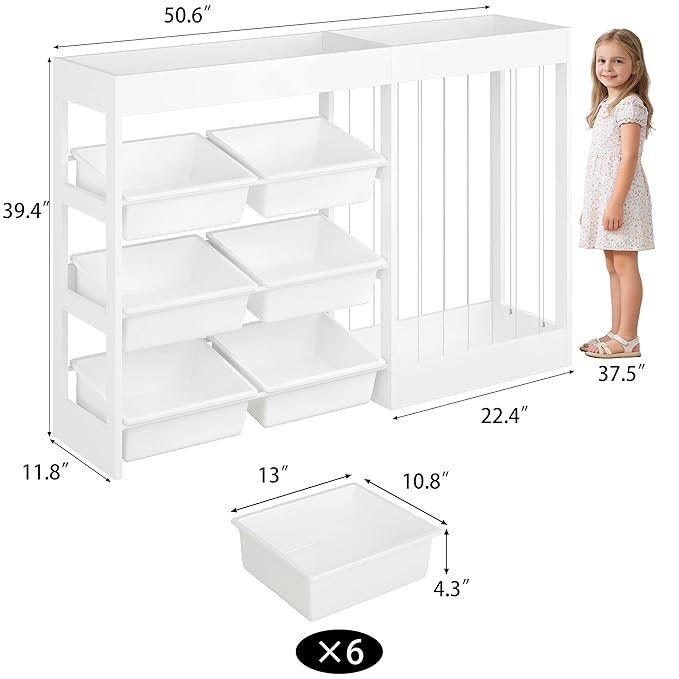50.6" W Toy Storage, 3-in-1 Large Kids Toy Organizers and Storage with Stuffed Animal Zoo, 6 Removable Plastic Bins, Wooden Toddler Cabinet for Girls Boys Playroom, Nursery, Home Decor(White)
