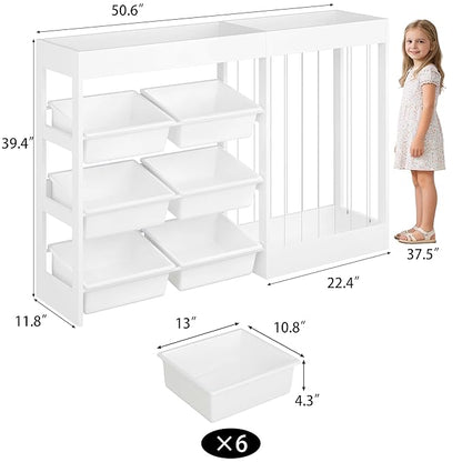 50.6" W Toy Storage, 3-in-1 Large Kids Toy Organizers and Storage with Stuffed Animal Zoo, 6 Removable Plastic Bins, Wooden Toddler Cabinet for Girls Boys Playroom, Nursery, Home Decor(White)