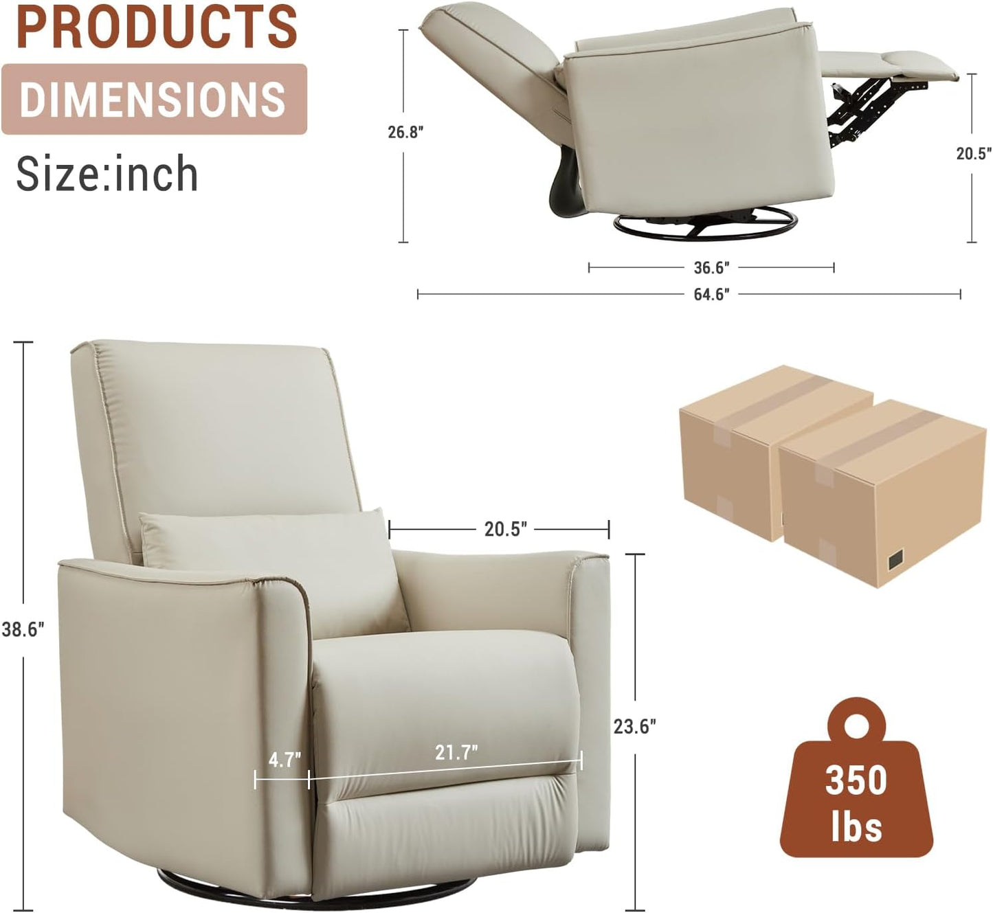 GarveeHome Recliner Chair, 360° Swivel Rocker Glider Nursery Chair with Padded Armrest and Deep Seat, PU Leather Upholstered Reclining Sofa Chair for Living Room, Bedroom and Nursery (White)