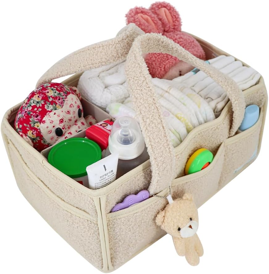 Buzz&Bloom Baby Teddy Diaper Caddy Organizer, Stylish Storage Basket for Newborn Essentials and Diaper Station, Gift for Baby Shower and Registry Must-Have (Beige)