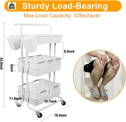 Baby Diaper Caddy Organizer Cart, 3-Tier Mobile Utility Rolling Cart with Baskets and Hanging Cups, Large Capacity Baby Essentials Storage Cart for Nursery, Changing Table & Crib, Easy to Assemble