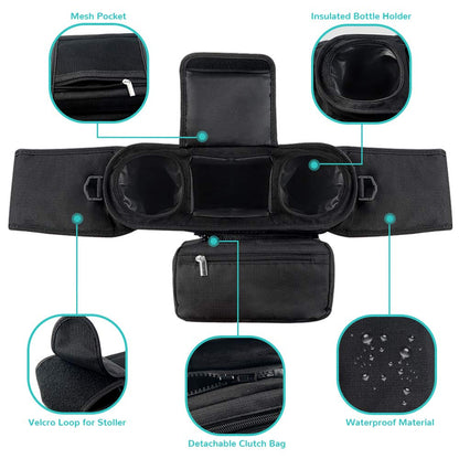 Mestron Universal Stroller Organizer Bag with Insulated Cup Holder- Detachable Zippered Bag & Adjustable Strap, Fits for All Baby Stroller Models like Uppababy, Baby Jogger, Britax, Bugaboo