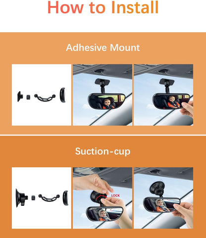Baby Car Mirror on the Front Windshield, 360° Adjustable Wide Angle Convex Rearview for Rear Facing Infant Suction Cup & Adhesive Mount Safety Mirror for Car SUV Trucks