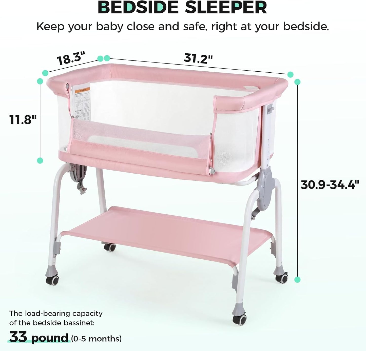 Cowiewie Bassinet Bedside Sleeper, Breathable Baby Bedside Bassinet and Mattress, Lightweight and Portable for Bedside Sleeping, Light Grey