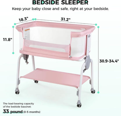 Cowiewie Bassinet Bedside Sleeper, Breathable Baby Bedside Bassinet and Mattress, Lightweight and Portable for Bedside Sleeping, Light Grey