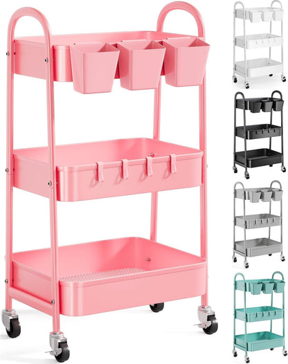 3 Tier Heavy Duty White Metal Rolling Cart with Lockable Wheels, Three Tier Roller Book Snack Cart, Utility Storage Organizer Carts for Kitchen, Bathroom, Garage, Baby Diaper, Craft, Art, Teacher