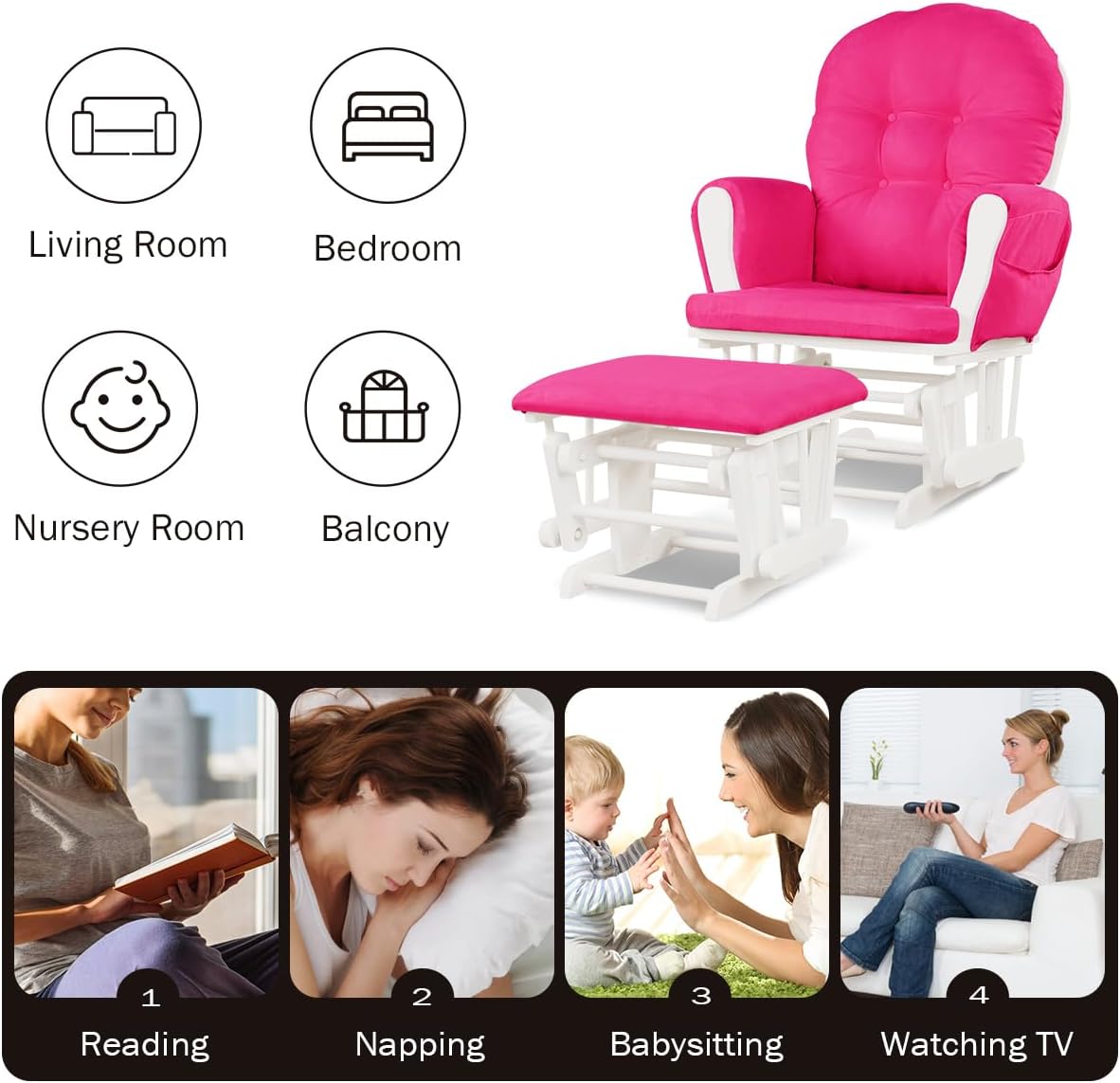 Costzon Nursery Glider with Ottoman, Upholstered Comfort Glider Rocker with Padded Cushion, Storage Pocket, Solid Wood Base, Rocking Chair Nursery for Breastfeeding, Napping (Light Gray)