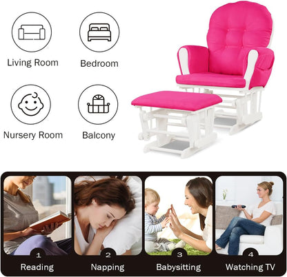 Costzon Nursery Glider with Ottoman, Upholstered Comfort Glider Rocker with Padded Cushion, Storage Pocket, Solid Wood Base, Rocking Chair Nursery for Breastfeeding, Napping (Light Gray)