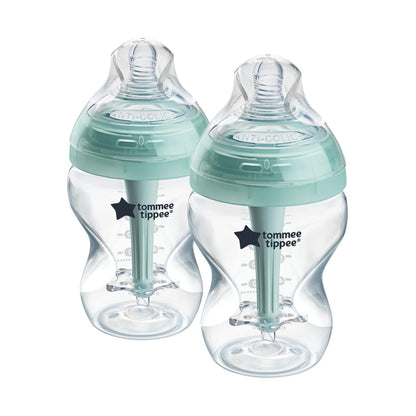 Tommee Tippee Advanced Anti-Colic 9 oz BPA Free Baby Bottles, Newborn 0+ Months, Slow Flow Breast-Like Nipple, Unique Design Keeps Air Away from Milk and Baby, Pink and Purple, Pack of 2