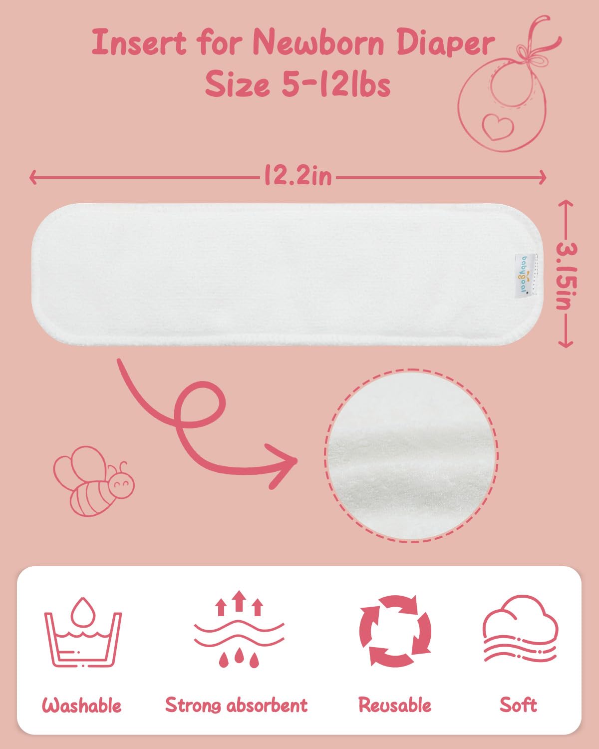 Babygoal Reusable Cloth Diaper Inserts Pack of 12, Absorbent & Breathable Liners, 3-Layer Microfiber Inserts for Cloth Diapers