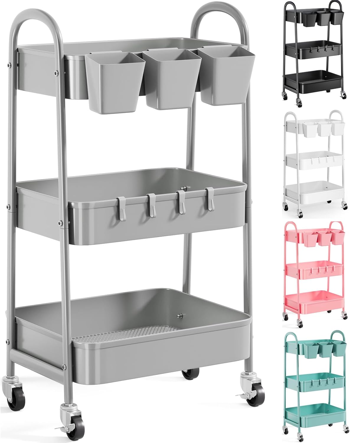 3 Tier Heavy Duty White Metal Rolling Cart with Lockable Wheels, Three Tier Roller Book Snack Cart, Utility Storage Organizer Carts for Kitchen, Bathroom, Garage, Baby Diaper, Craft, Art, Teacher