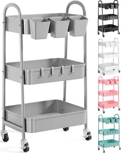 3 Tier Heavy Duty White Metal Rolling Cart with Lockable Wheels, Three Tier Roller Book Snack Cart, Utility Storage Organizer Carts for Kitchen, Bathroom, Garage, Baby Diaper, Craft, Art, Teacher