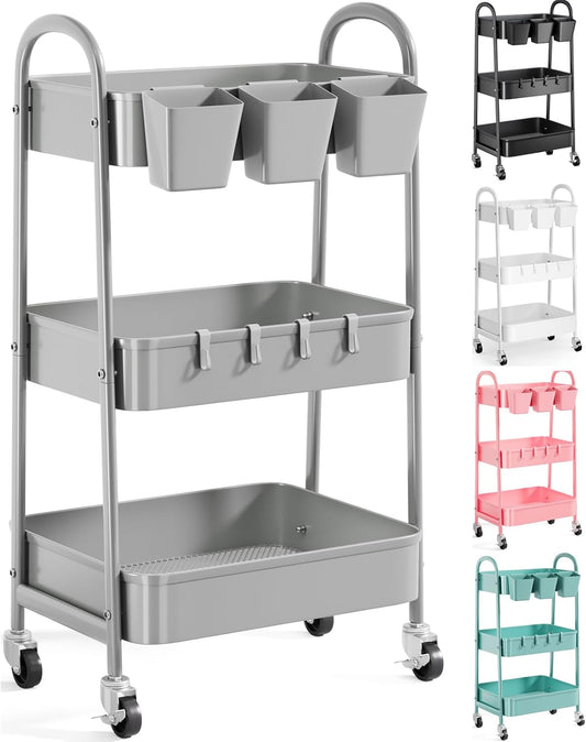 3 Tier Heavy Duty White Metal Rolling Cart with Lockable Wheels, Three Tier Roller Book Snack Cart, Utility Storage Organizer Carts for Kitchen, Bathroom, Garage, Baby Diaper, Craft, Art, Teacher