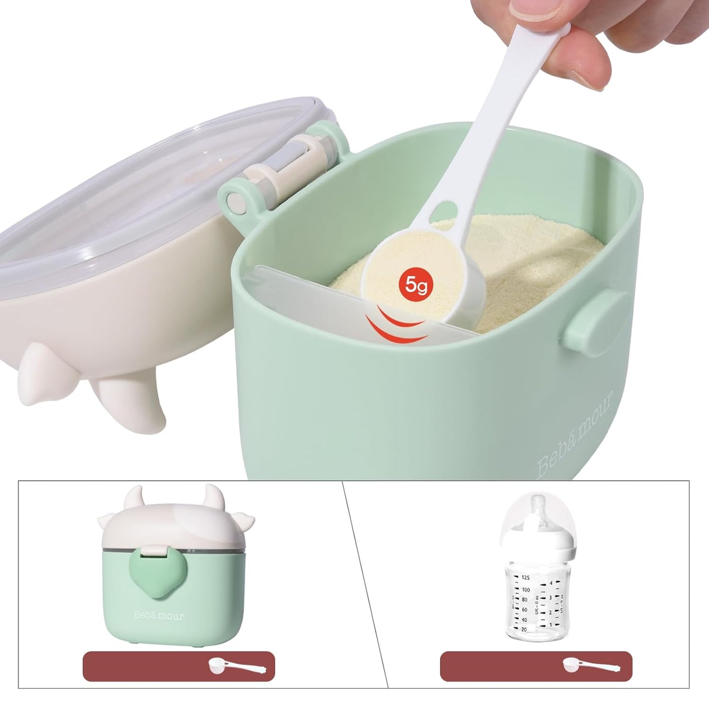 Bebamour Baby Formula Dispenser, BPA Free Portable Milk Powder and Candy Fruit Snack Storage Container with Scoop and Leveller for Travel, 450 ML, Green Cow