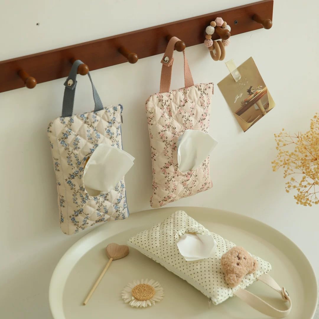 Quilted Baby Wipe Holder Quilted Wipe Pouch Portable Hanging Floral Wet Wipes Bag for Car, Stroller