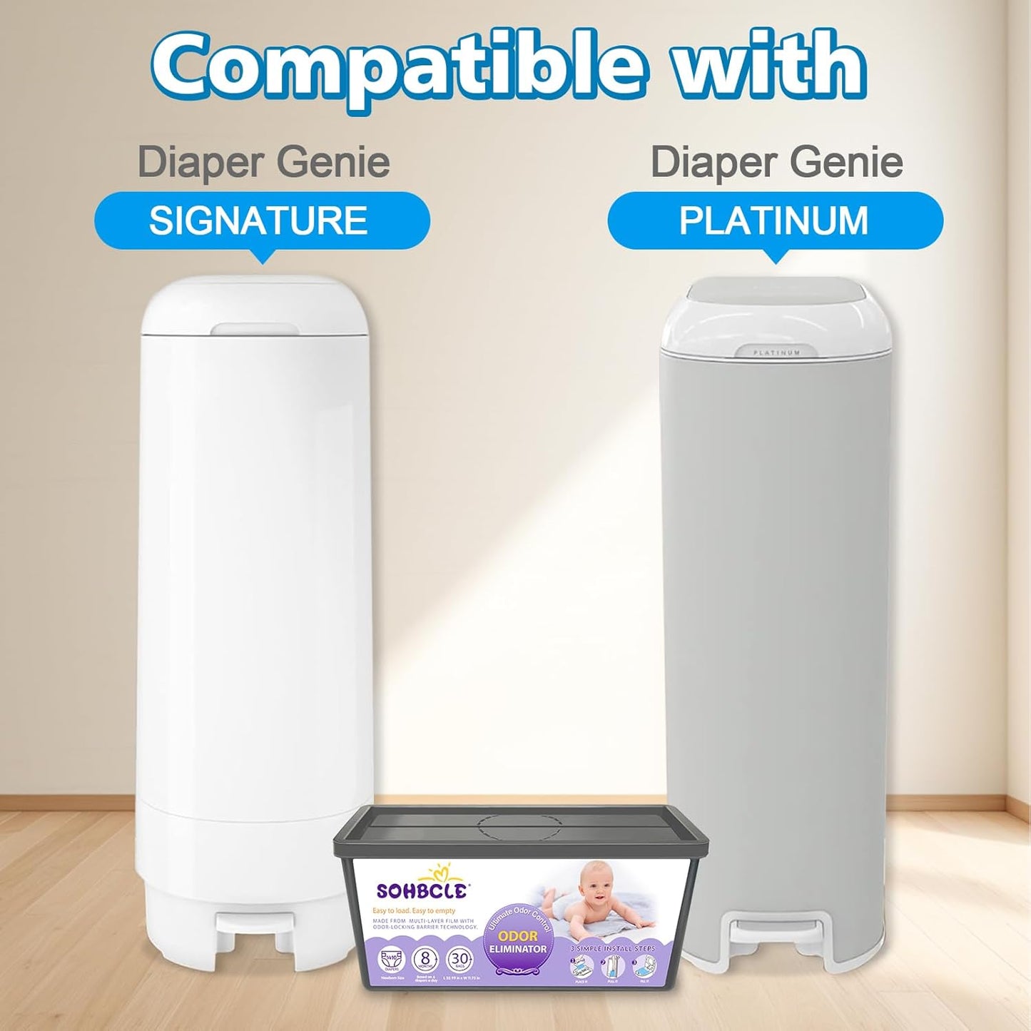 Refills Compatible with Genie Easy Roll Signature Diaper Pail and Platinum Diaper Pail, Upgraded 90 Bags Hold up to 4200 Newborn Diapers, Extra Thickness Powerful Odor Control