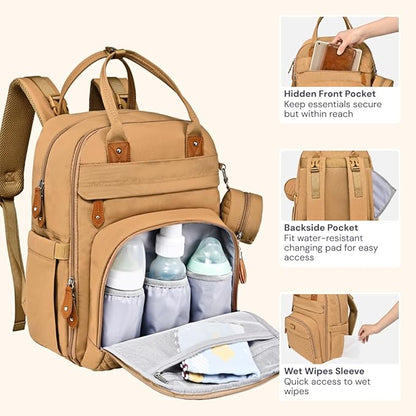 BabbleRoo Diaper Bag Backpack - Baby Essentials Travel Tote - Multi function Water Resistant Diaper Bag, Travel Essentials Baby Bag with Changing Pad, Stroller Straps & Pacifier Case - Unisex, Beige | Multi function, Waterproof, Diaper Bag, with Changi...