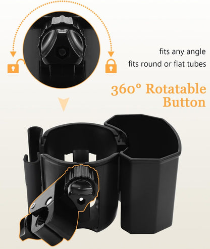 Universal Stroller Cup Holder with Phone Holder, 360° Rotatable Strong Clip, Big Storage Space for Walker, Wheelchair, Stroller, Bike