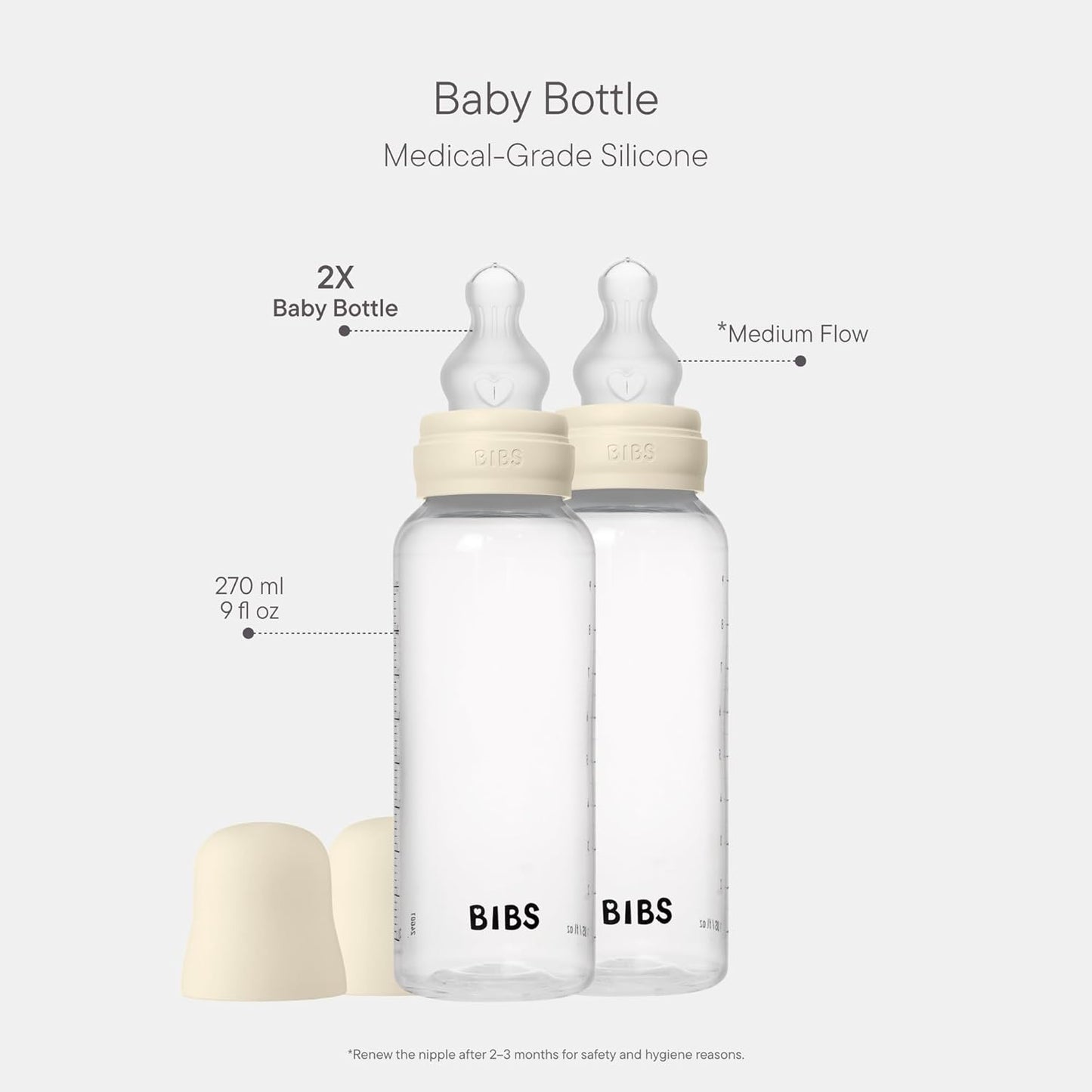 BIBS Baby Bottle 5 oz / 150 ml Silicone Nipple 2 Pack - Anti-Colic, BPA-Free, Round Nipple, Slow Flow, Lightweight & Easy to Clean, Suitable for Newborns 0+ Years - Ivory