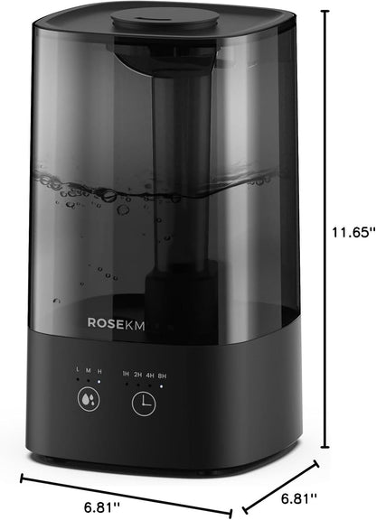 ROSEKM Humidifiers for Bedroom, 2.0L Cool Mist Humidifier for Home Plant and Baby Nursery, Quiet Ultrasonic Humidifier with 360° Nozzle, Auto Shut-Off, Filterless, Black