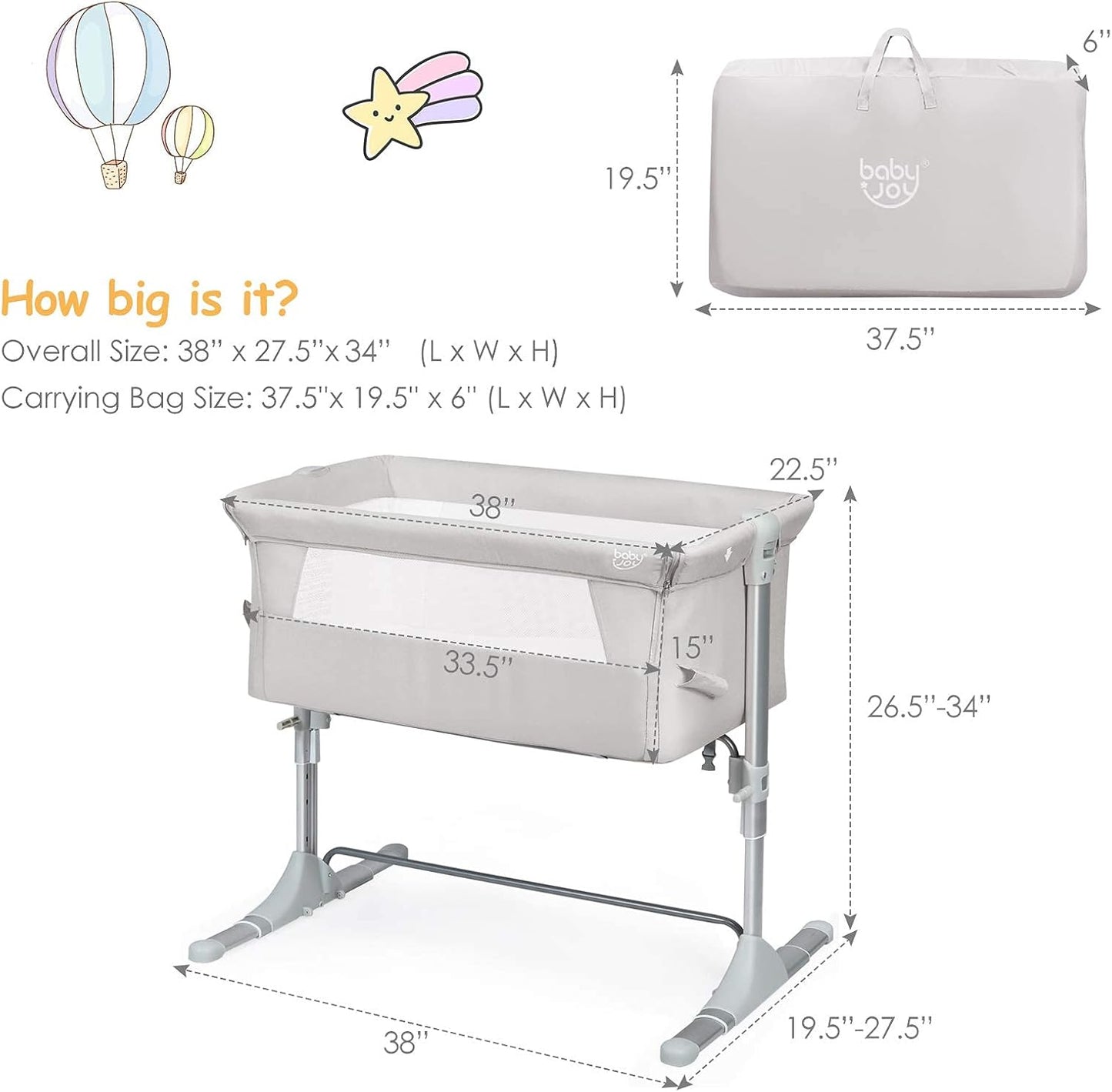 BABY JOY Baby Bedside Crib, Portable Travel Sleeper Bed Side Bassinet w/Carrying Bag, Newborn Bassinet to Infant, Kids Crib with Detachable Mattress, Height Adjustable Design, Breathable Mesh, Grey