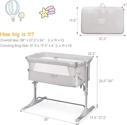BABY JOY Baby Bedside Crib, Portable Travel Sleeper Bed Side Bassinet w/Carrying Bag, Newborn Bassinet to Infant, Kids Crib with Detachable Mattress, Height Adjustable Design, Breathable Mesh, Grey