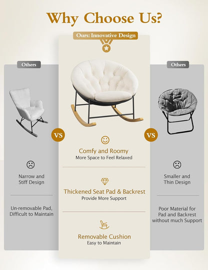 Kidirect Wide Rocking Chair Nursery, Comfy Saucer Nursery Rocking Chairs with Removable Cushion, Indoor Papasan Nursing Chair for Breastfeeding, Mecedora Para Adultos for Living Room & Bedroom (Cream)