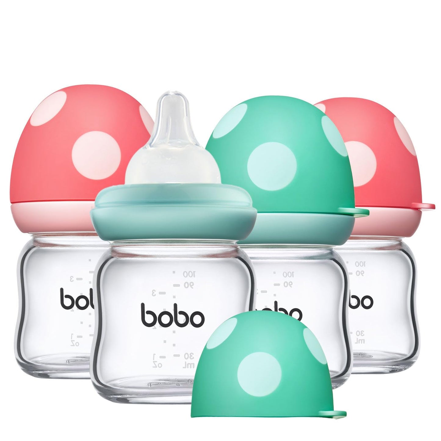 YOHKOH Natural Glass Baby Bottle with Level 1 Slow Flow Nipple, Newborn Anti-Colic Baby Bottles, Wide Neck Mushroom Baby Glass Bottle (Multicolour-A, 3.4oz (Pack of 4))