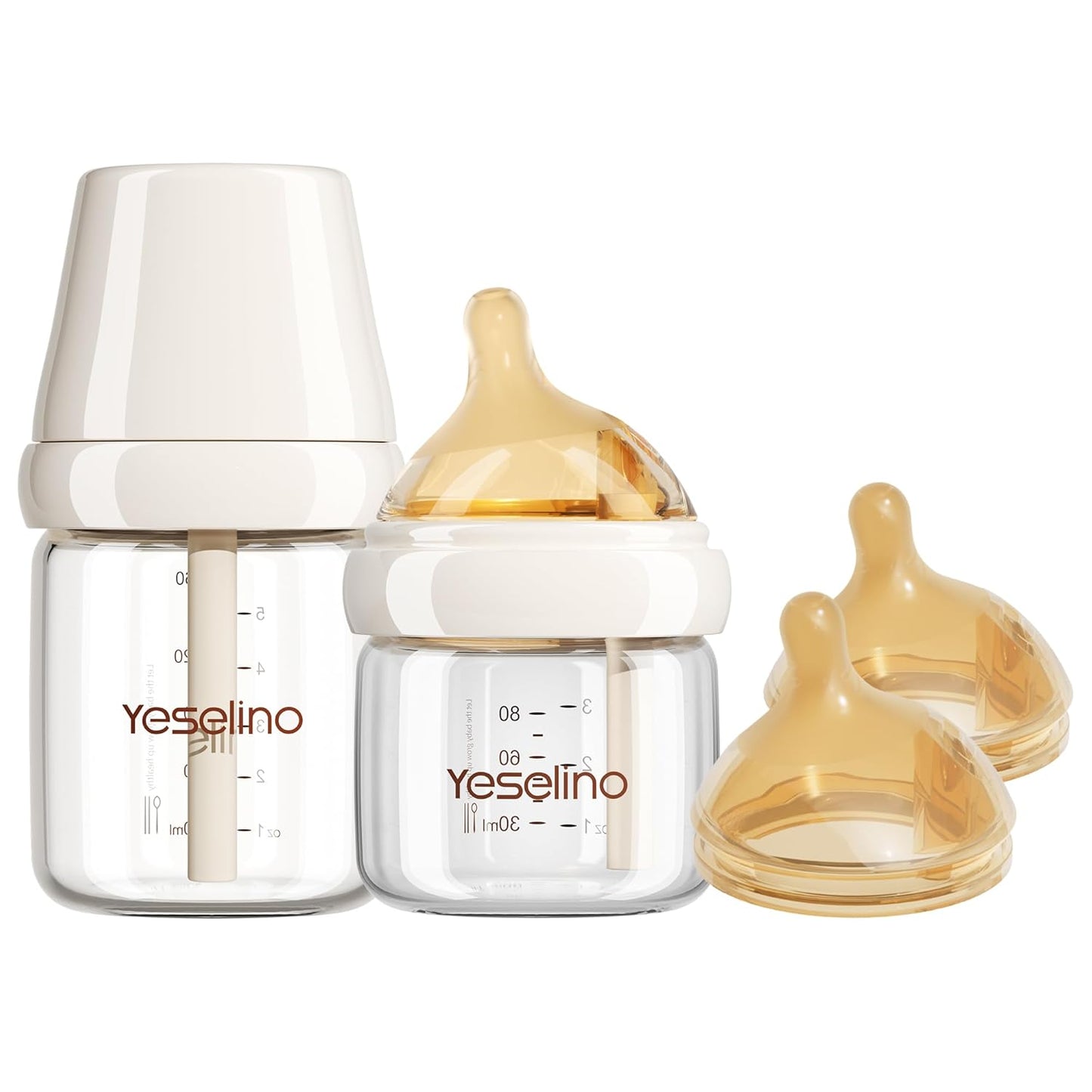 Natural Nursing Glass Baby Bottle - with Anti-Colic Vent System - BPA-Free, 3 oz with Slow Flow Nipple, 0-6 Months, 2 Pack (Includes 4pcs Nipples)