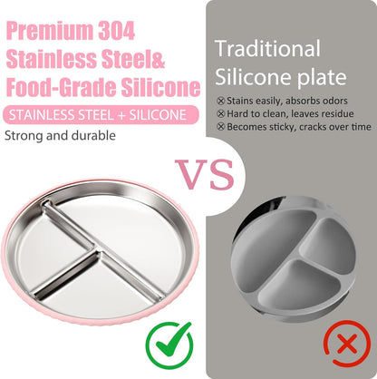 MISSLILI Stainless Steel Baby Plate and Bowls with Suction, Divided Kids Baby Plate and Toddler Bowl with Removable Silicone Suction, Non-Slip Baby Feeding Set Dishwasher Safe，4 Packs