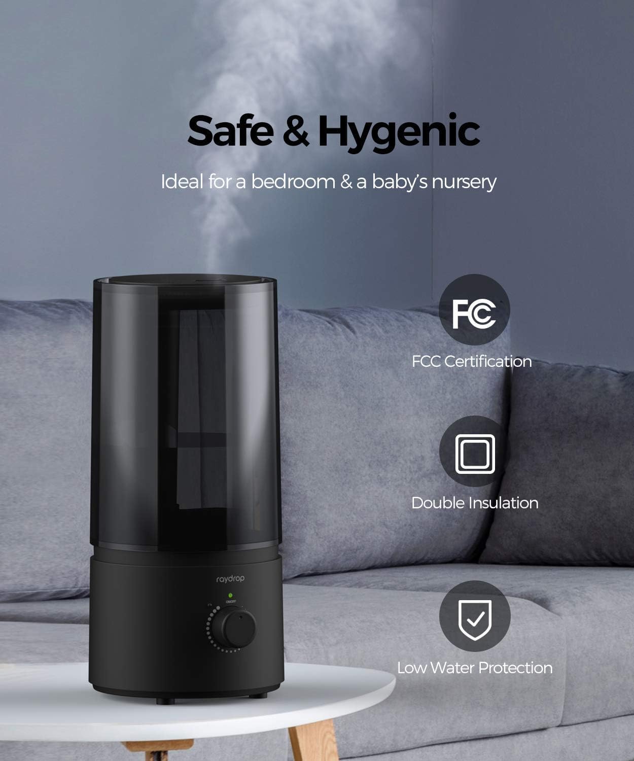 raydrop Cool Mist Humidifiers for Home Babies, 1.70 L Quiet and Small Ultrasonic Humidifier for Bedroom Nightstand, Space Saving, Auto Shut Off - (0.45 Gallon, US 110 V)