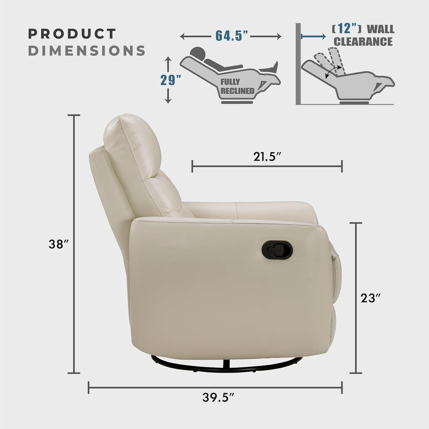 Lexicon 360 Degree Swivel Glider Reclining Chair, Manual Tab Pull Recliner, Leather Match Swivel Glider Recliner with Plush Foam, Sturdy Frame for Living Room/Office/Bedroom, Taupe