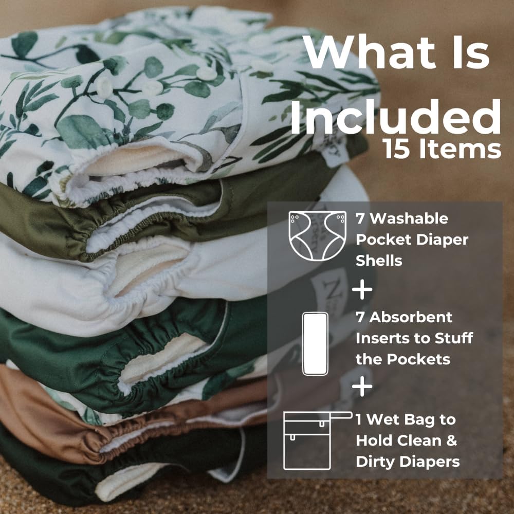 Nora's Nursery Cloth Diapers 7 Pack with 7 Inserts & 1 Wet Bag - Waterproof Cover, Washable, Reusable & One Size Adjustable Pocket Diapers for Newborns and Toddlers - Delilah