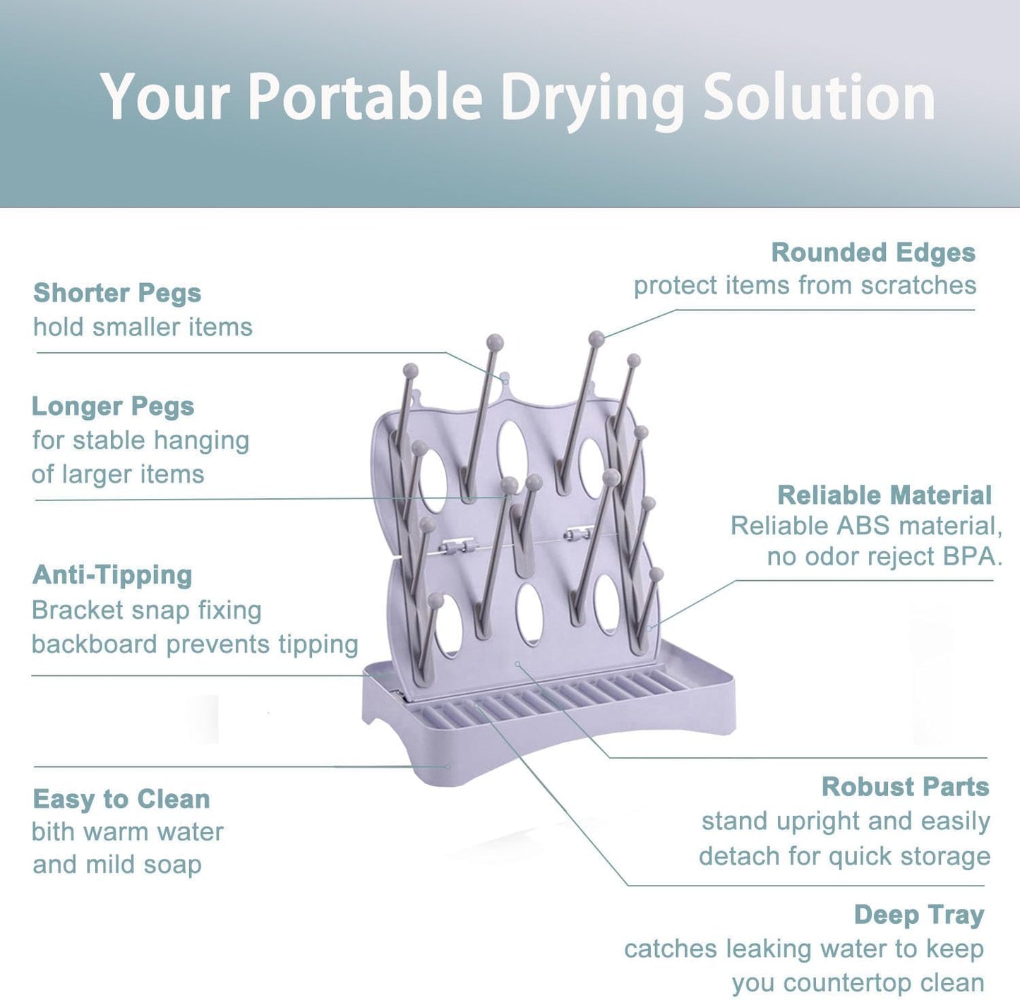 Portable Bottle Drying Rack with Drain Mat, Foldable & Space Saving Drying Rack for Baby Bottles, Pump Parts,Cups,Pacifiers, and Reusable Ziplock Dryer Rack(Grey Drying Rack with Drain Mat)