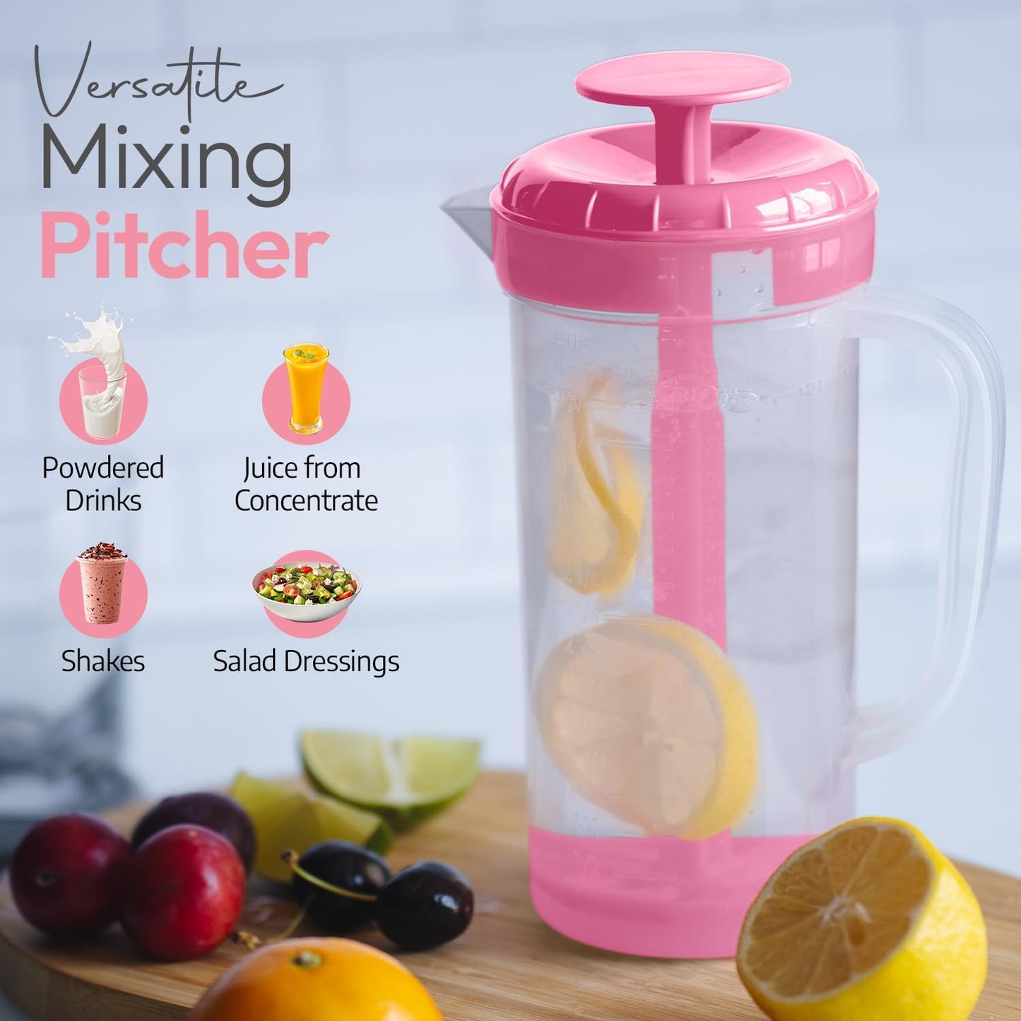 JBK Pottery 1 Quart Plastic Mixing Pitcher with Mixing Lid, BPA Free, Shatterproof Beverage Jug for Iced Tea, Lemonade, Juices, Milk – Leak-Proof, Easy Stirring, Dishwasher Safe | Blue