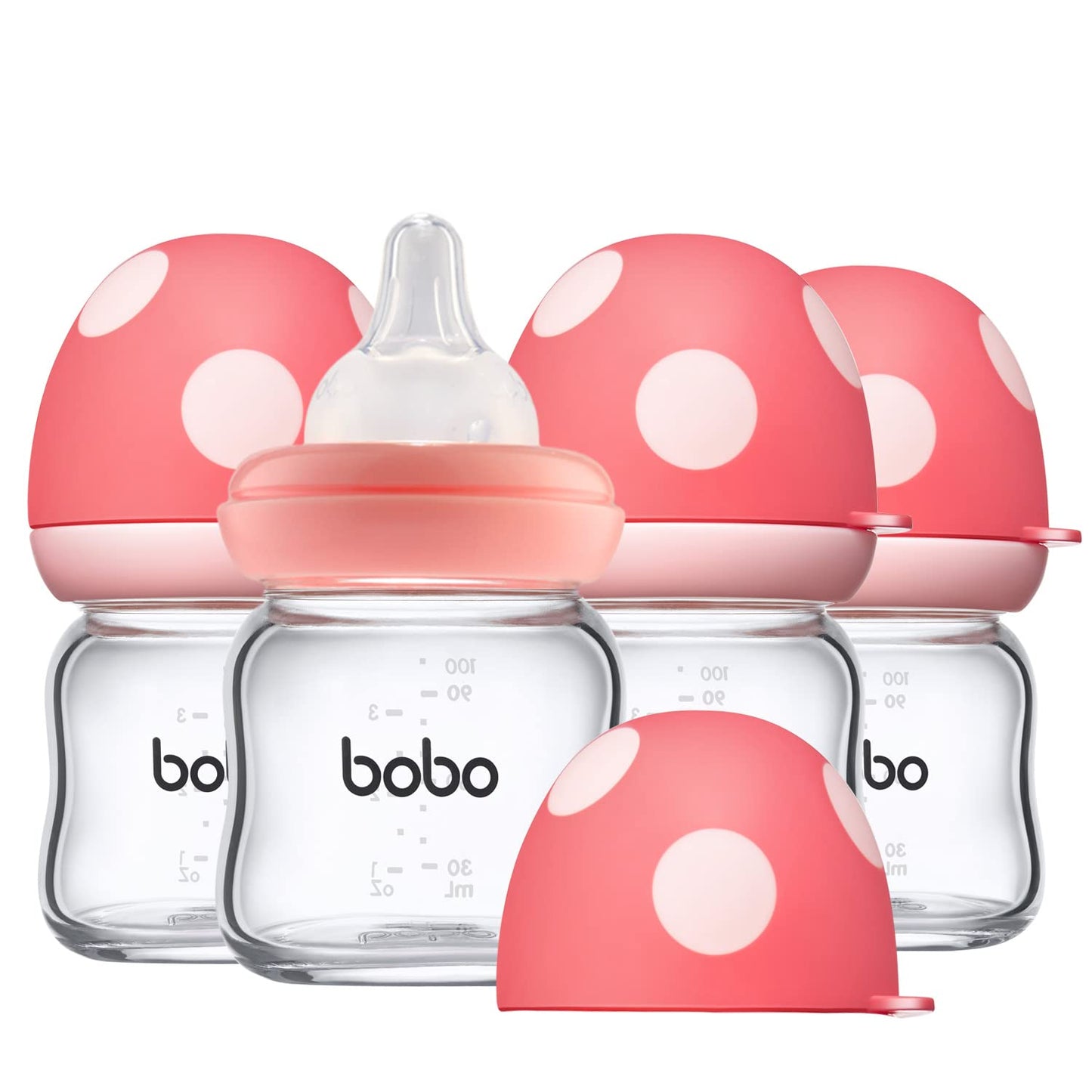 YOHKOH Natural Glass Baby Bottle with Level 1 Slow Flow Nipple, Newborn Anti-Colic Baby Bottles, Wide Neck Mushroom Baby Glass Bottle (Multicolour-A, 3.4oz (Pack of 4))