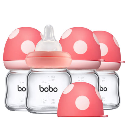 YOHKOH Natural Glass Baby Bottle with Level 1 Slow Flow Nipple, Newborn Anti-Colic Baby Bottles, Wide Neck Mushroom Baby Glass Bottle (Multicolour-A, 3.4oz (Pack of 4))