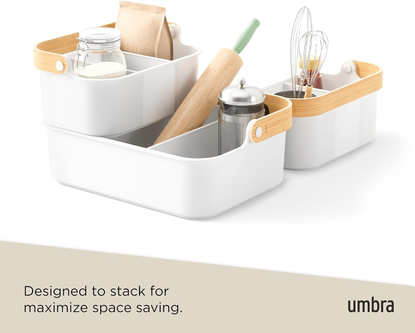 Umbra Bellwood Stackable Bin, 14" x 10" Durable Lightweight Container with Wooden Handle and Removable Dividers, Black/Walnut