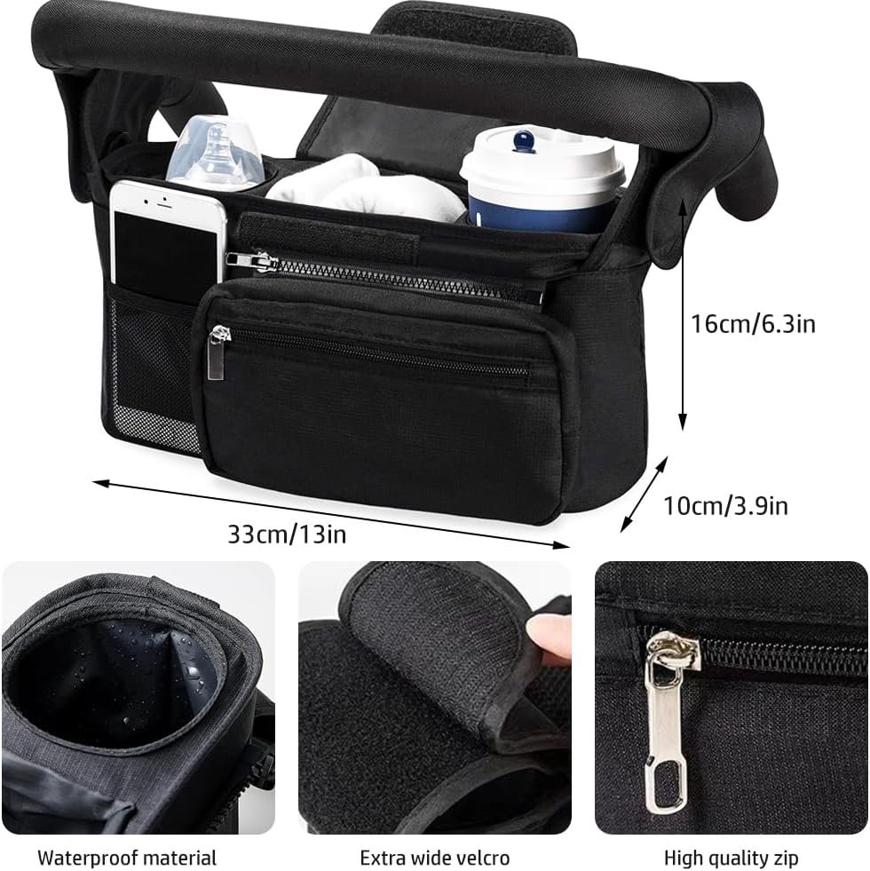 Baby Stroller Organizer, Universal Stroller Organizer with Detachable Phone Bag, Stroller Caddy with 2 Insulated Cup Holders, Buggy Organizer Bag with 2 Hooks Fits Most Strollers (Balck)