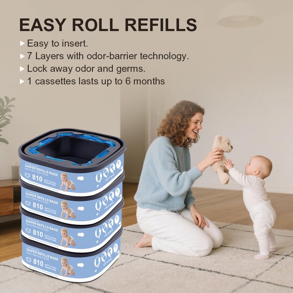 Jumbo Square Refills Disposal Bags Refill Compatible with Genie Diaper Compact, Select Pails (Not Fit Classic),Hold Up to 810 Newborn-Sized Diapers Per Refill,Pack of 4