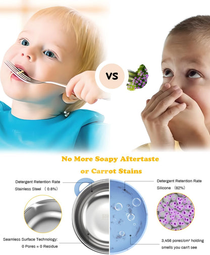 Bakpoco Toddler Bowls with suction & Utensils Set, 2-in-1 Stainless Steel 304 Kids Feeding Bowl & Silicone Suction Baby Bowl with Spoons and Forks, First Self-feeding Training Set, Organic Bloom