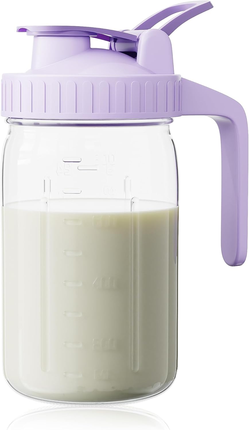 OneDream Breast Milk Pitcher 32oz Glass Pitcher with Lid, Formula Pitcher Leakproof Drip-Free Spout, Wide Mouth Mason Jar Pitcher for Easy Pouring, Dishwasher Safe Breastmilk Storage Pitcher