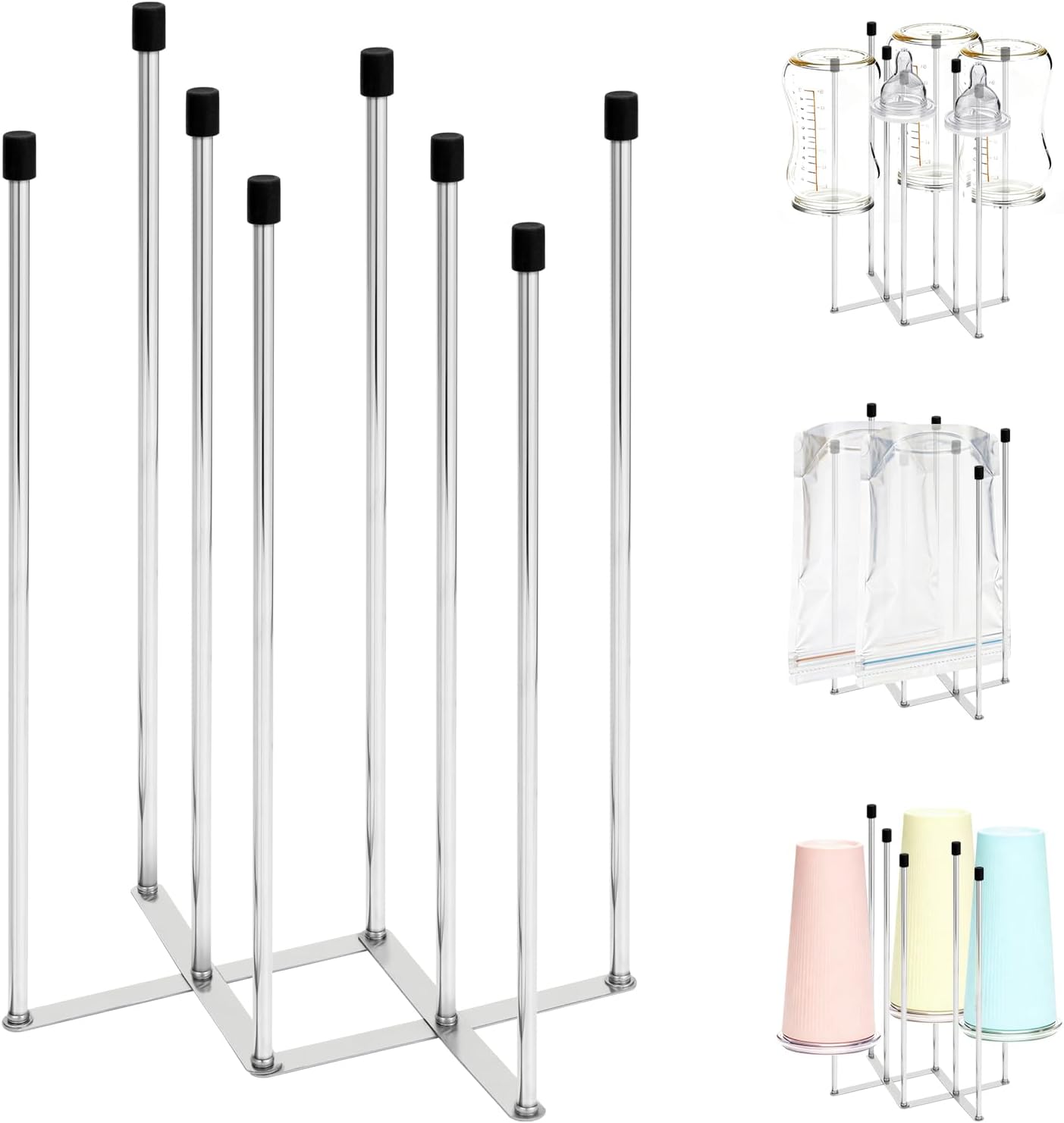 Foldable Baby Bottle Drying Rack – 8-Pole Collapsible Bottle Organizer, suitable for cups, silicone bags, and kitchen waste bags – Space-Saving Countertop Dryer for Home & Travel (Silver)