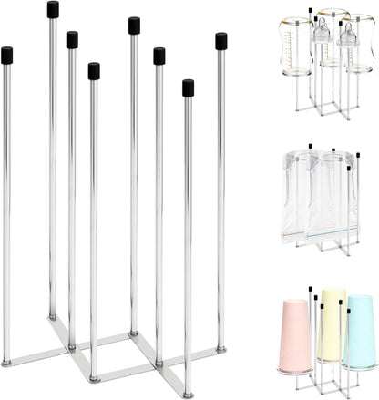 Foldable Baby Bottle Drying Rack – 8-Pole Collapsible Bottle Organizer, suitable for cups, silicone bags, and kitchen waste bags – Space-Saving Countertop Dryer for Home & Travel (Silver)