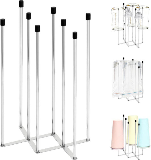 Foldable Baby Bottle Drying Rack – 8-Pole Collapsible Bottle Organizer, suitable for cups, silicone bags, and kitchen waste bags – Space-Saving Countertop Dryer for Home & Travel (Silver)