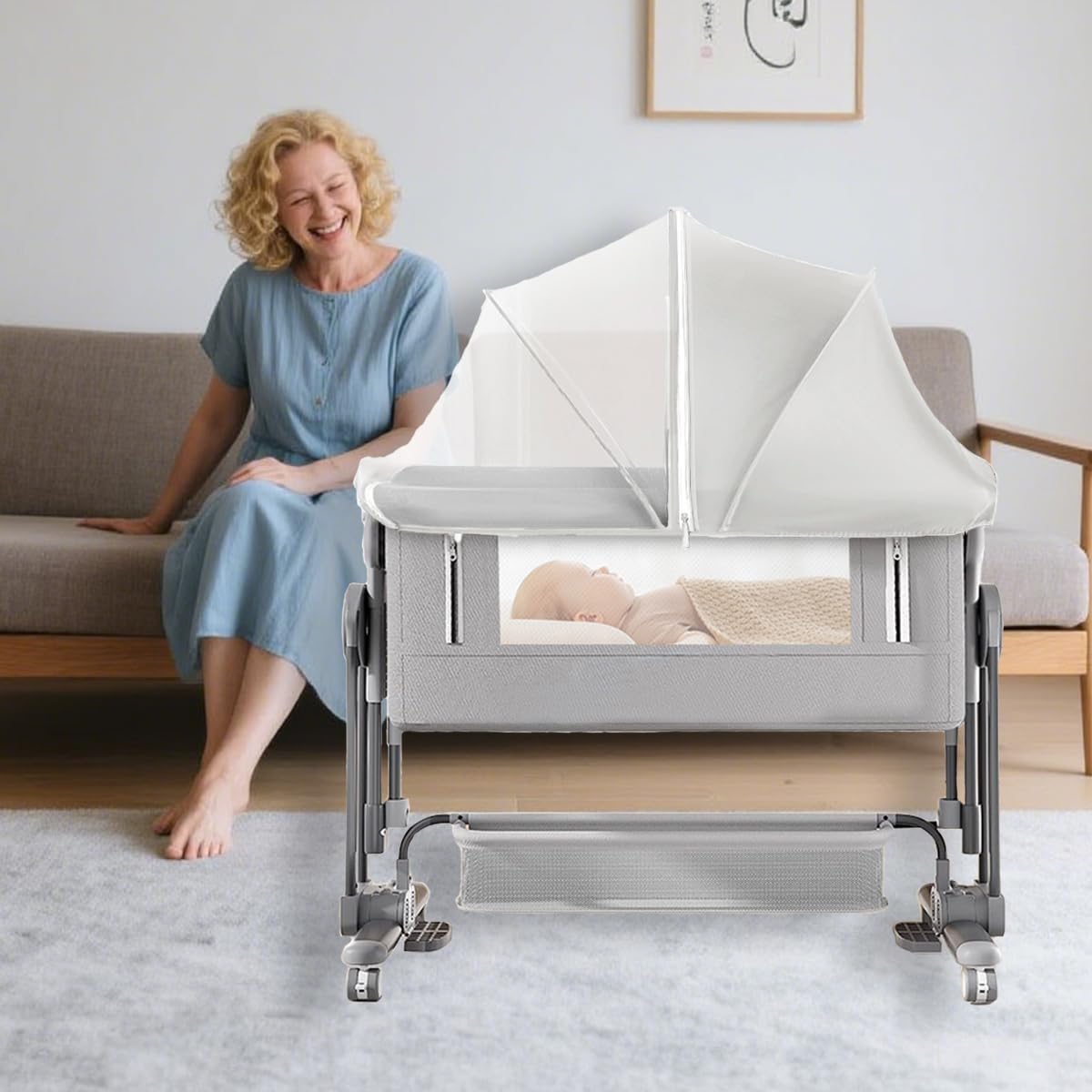 Akiky Portable Bassinet Bedside Sleeper Cover Semi-Sunshade Mosquito Net for Baby Infant Bed Sleeper Cover Mesh Net with Zip-up Window(Gray)